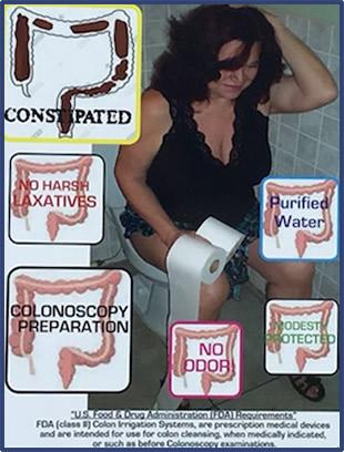 woman sitting on the toliet with artwork of a colon with words on it - constipated, no hard laxitives, colonoscopy prep, no order